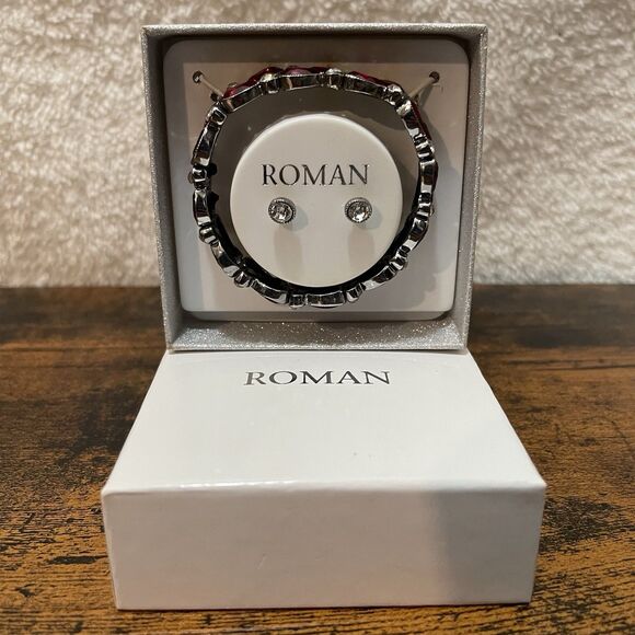 Roman Bracelet Earring Set Red Rhinestone Jewelry Box NEW - Picture 3 of 12